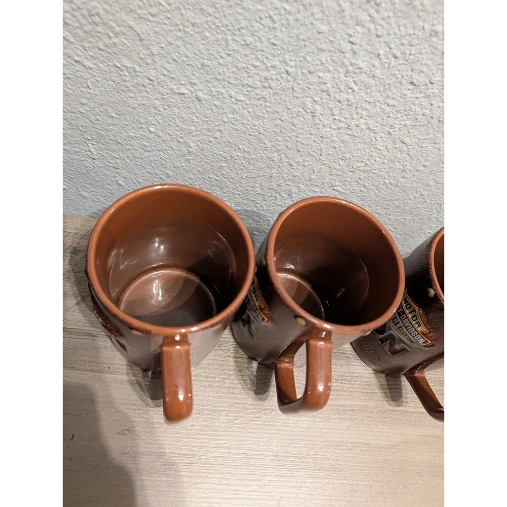 Harley Davidson Mug Lot of 3 2003 Brown 3D Embossed Faux Leather Motorcycle Vtg